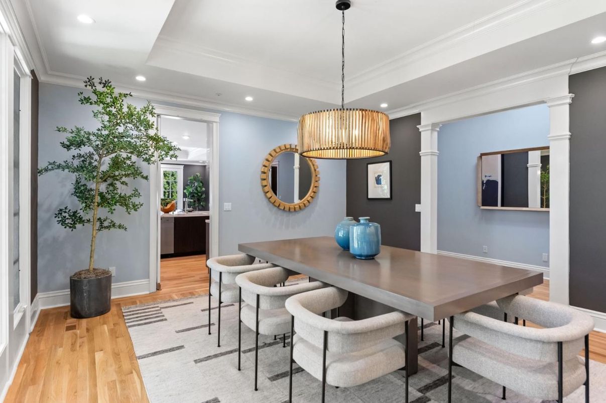 Dining room, Interior, Pendant Lights, Recessed Lighting, Wood Texture Flooring