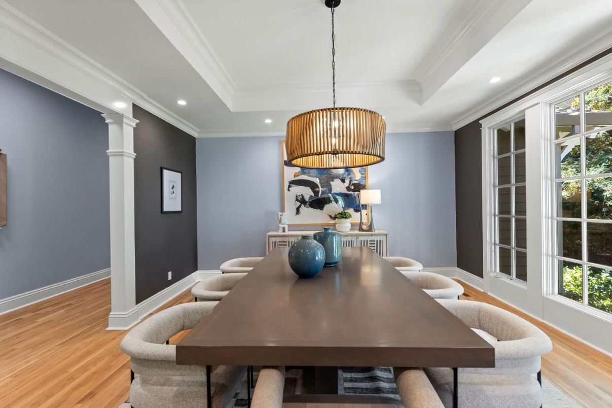 Dining room, Interior, Pendant Lights, Recessed Lighting, Wood Texture Flooring