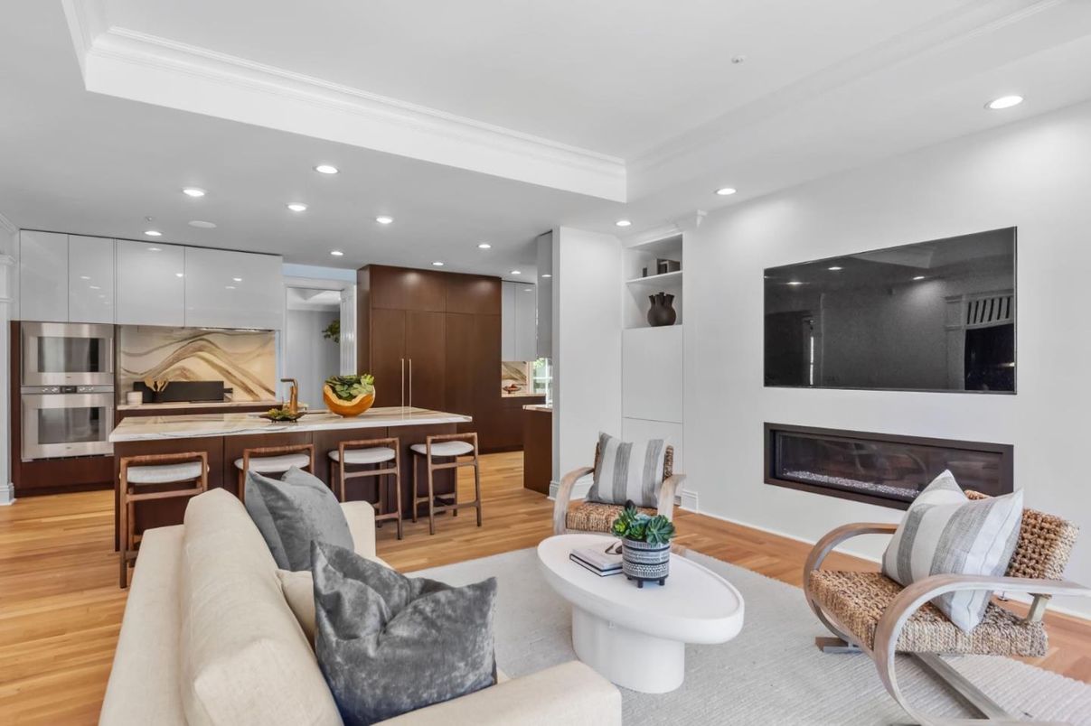 Dining room, Fireplace, Interior, Kitchen, Living room, Recessed Lighting, Stainless Steel Appliances, Wood Texture Flooring