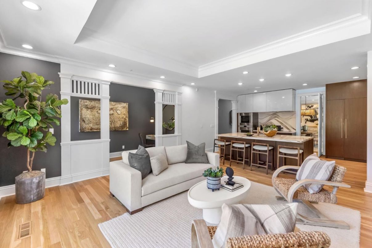 Dining room, Interior, Kitchen, Living room, Recessed Lighting, Wood Texture Flooring