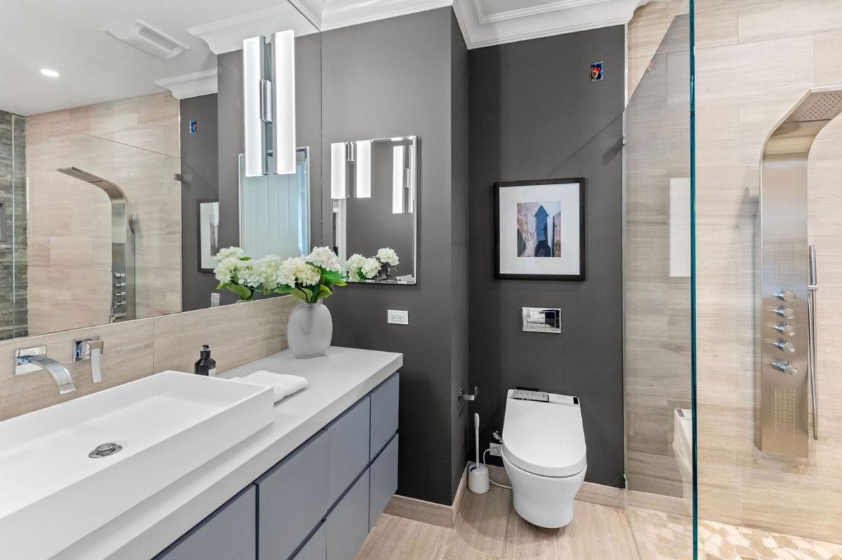 Bathroom, Glass Shower, Interior, Recessed Lighting, Wood Texture Flooring
