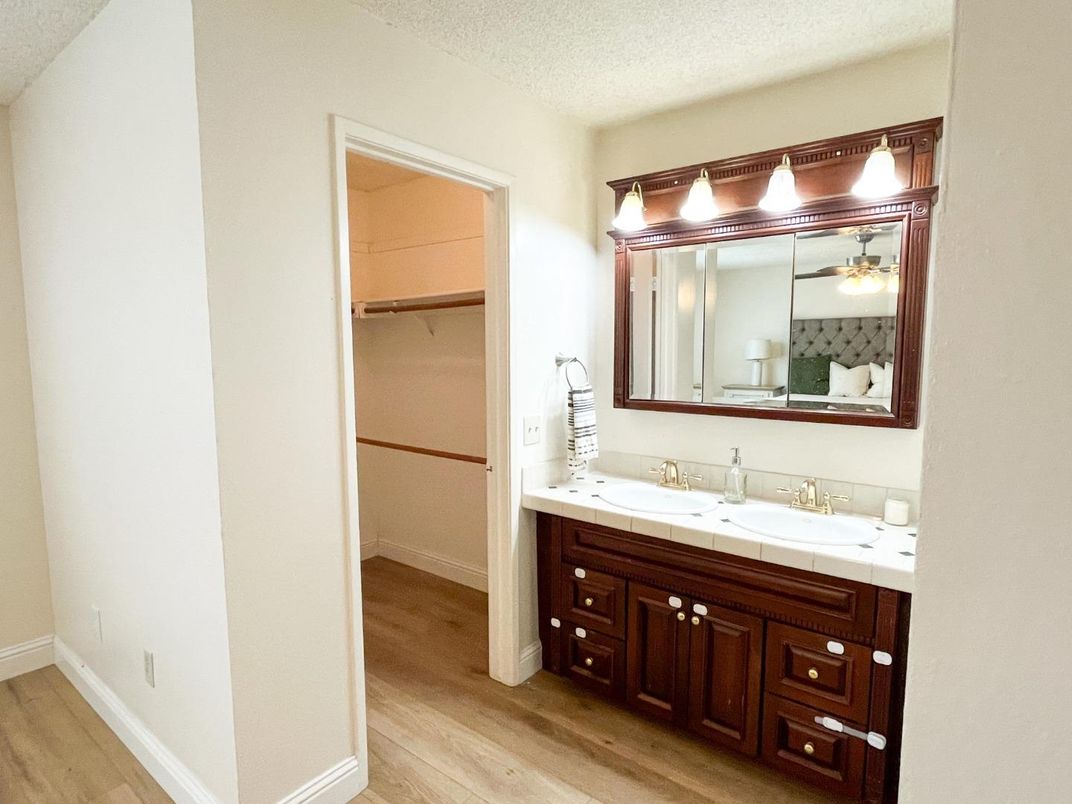 Bathroom, Interior, Tile Countertops, Wood Texture Flooring