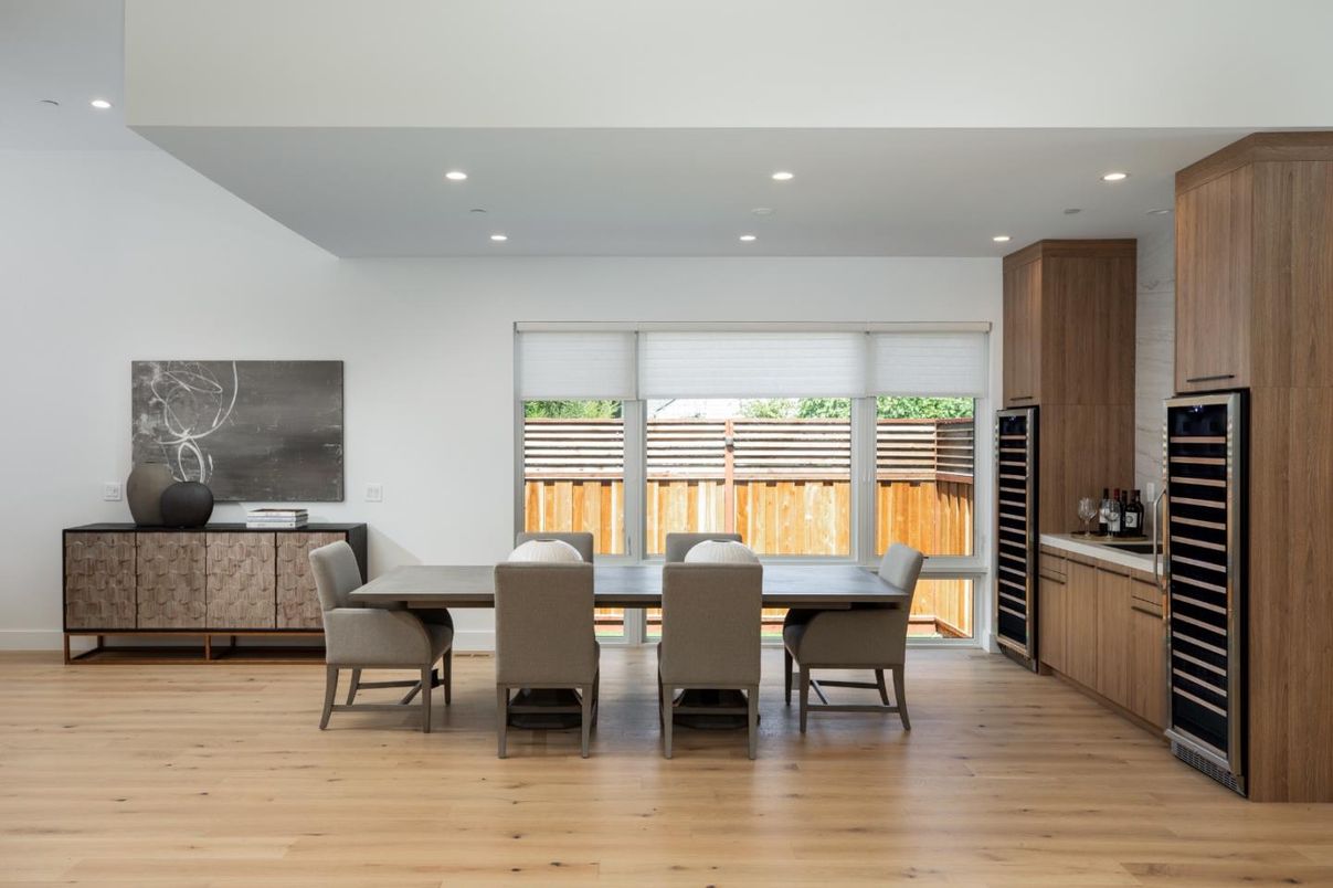 Dining room, Interior, Recessed Lighting, Wood Texture Flooring