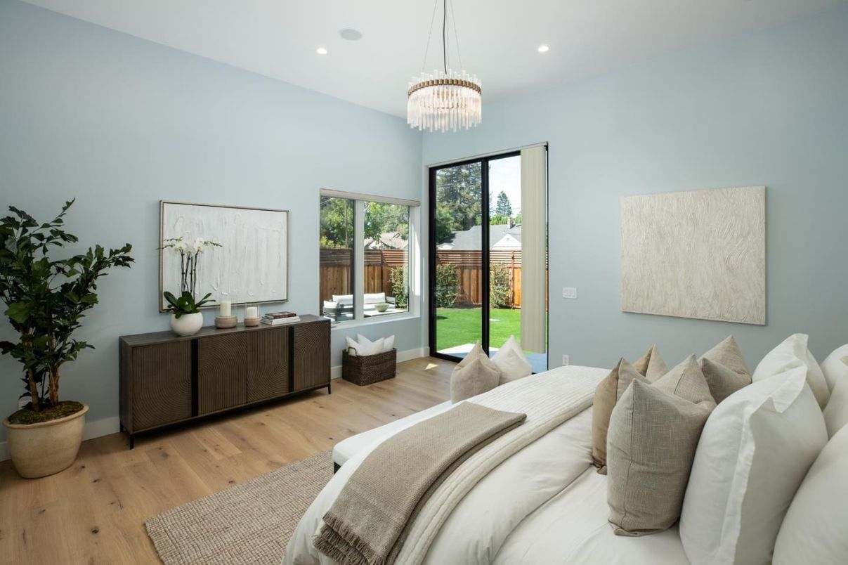 Bedroom, Interior, Pendant Lights, Recessed Lighting, Wood Texture Flooring