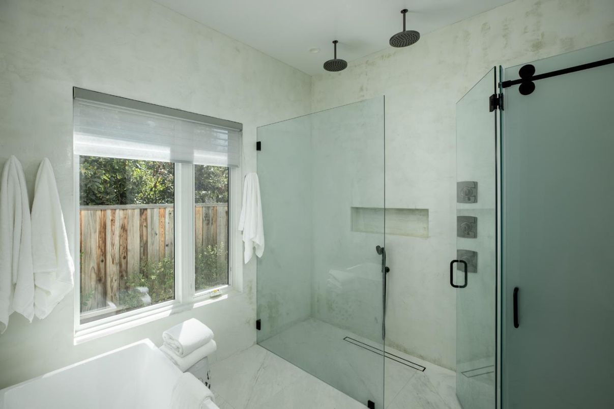 Bathroom, Glass Shower, Interior, Marble, Marble Walls, Recessed Lighting