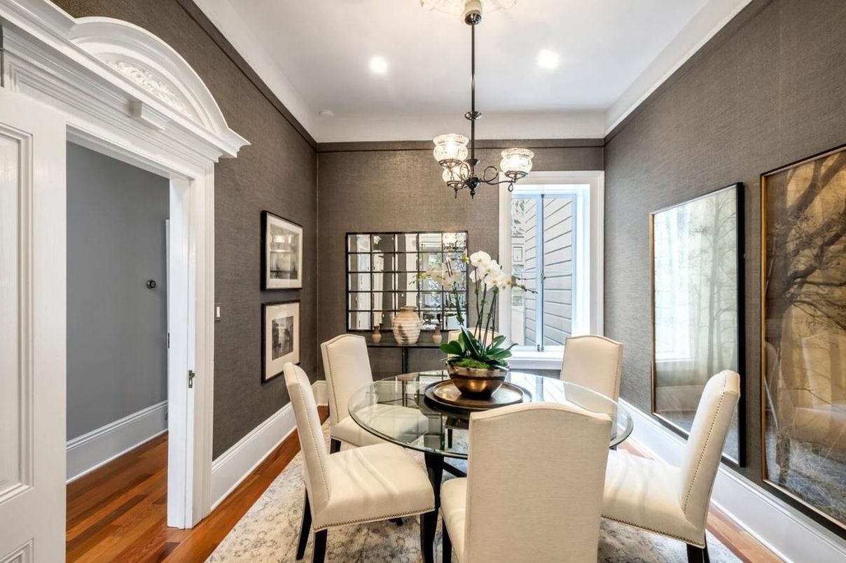 Chandelier, Dining room, Interior, Recessed Lighting, Wood Texture Flooring