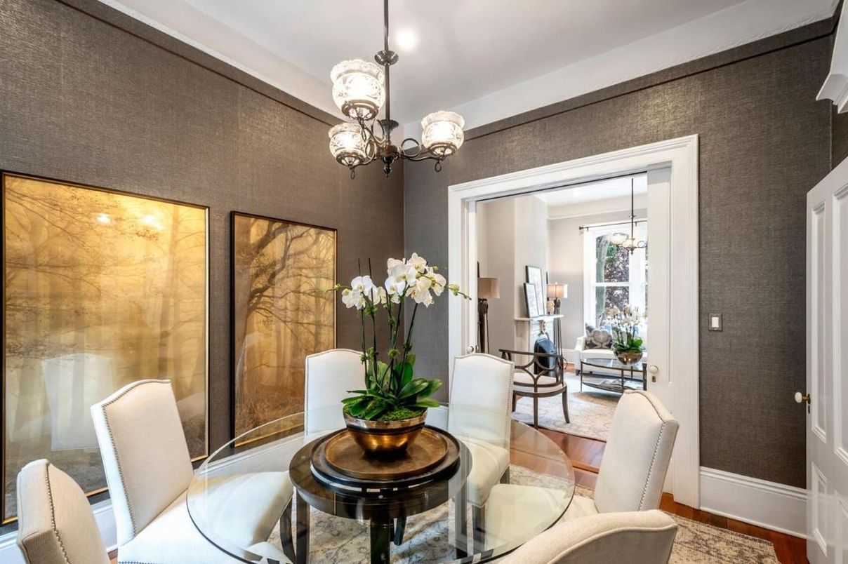 Chandelier, Dining room, Interior, Living room, Recessed Lighting, Wood Texture Flooring