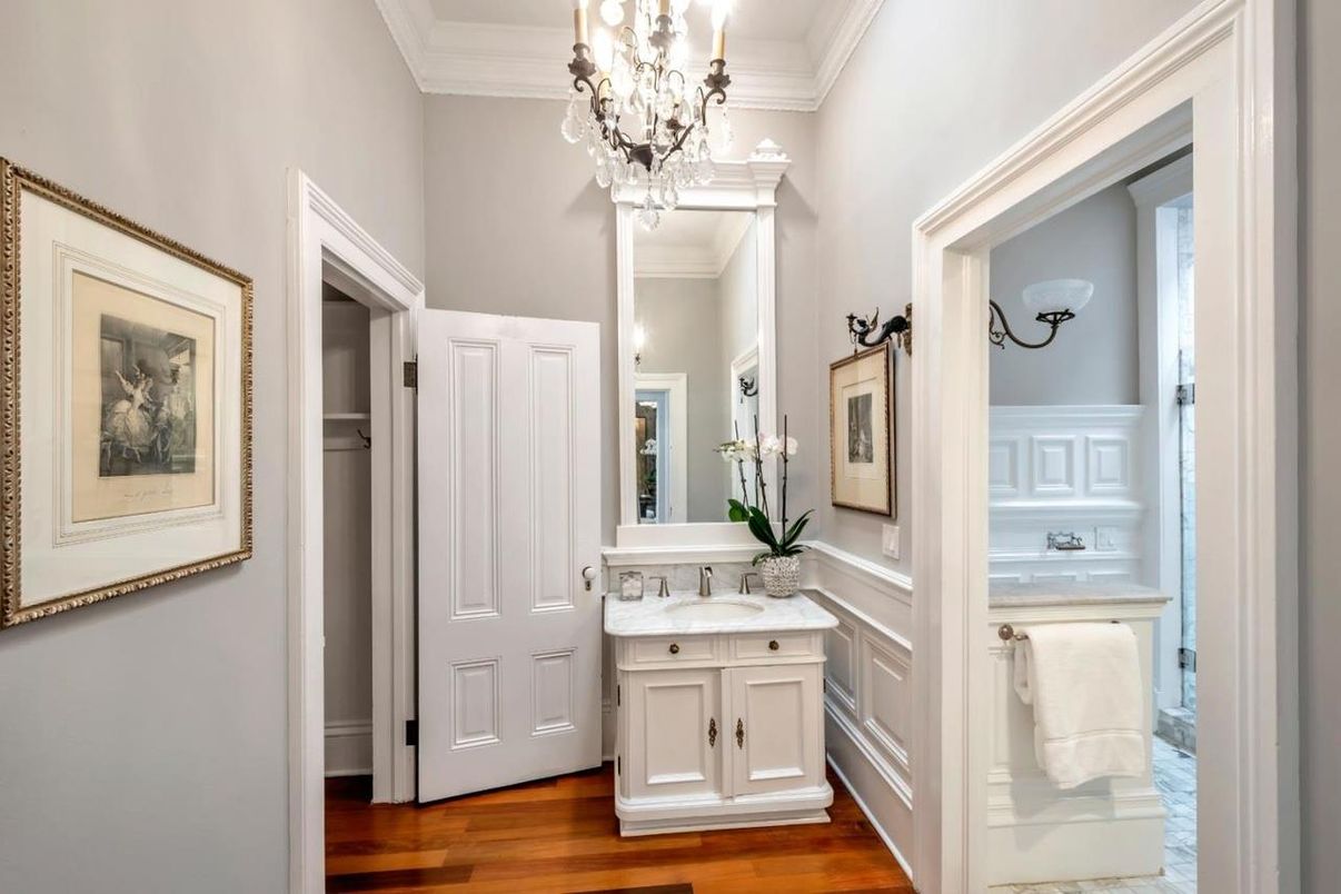 Bathroom, Chandelier, Interior, Wood Texture Flooring