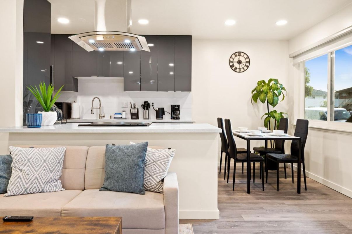 Dining room, Interior, Kitchen, Living room, Recessed Lighting, Wood Texture Flooring