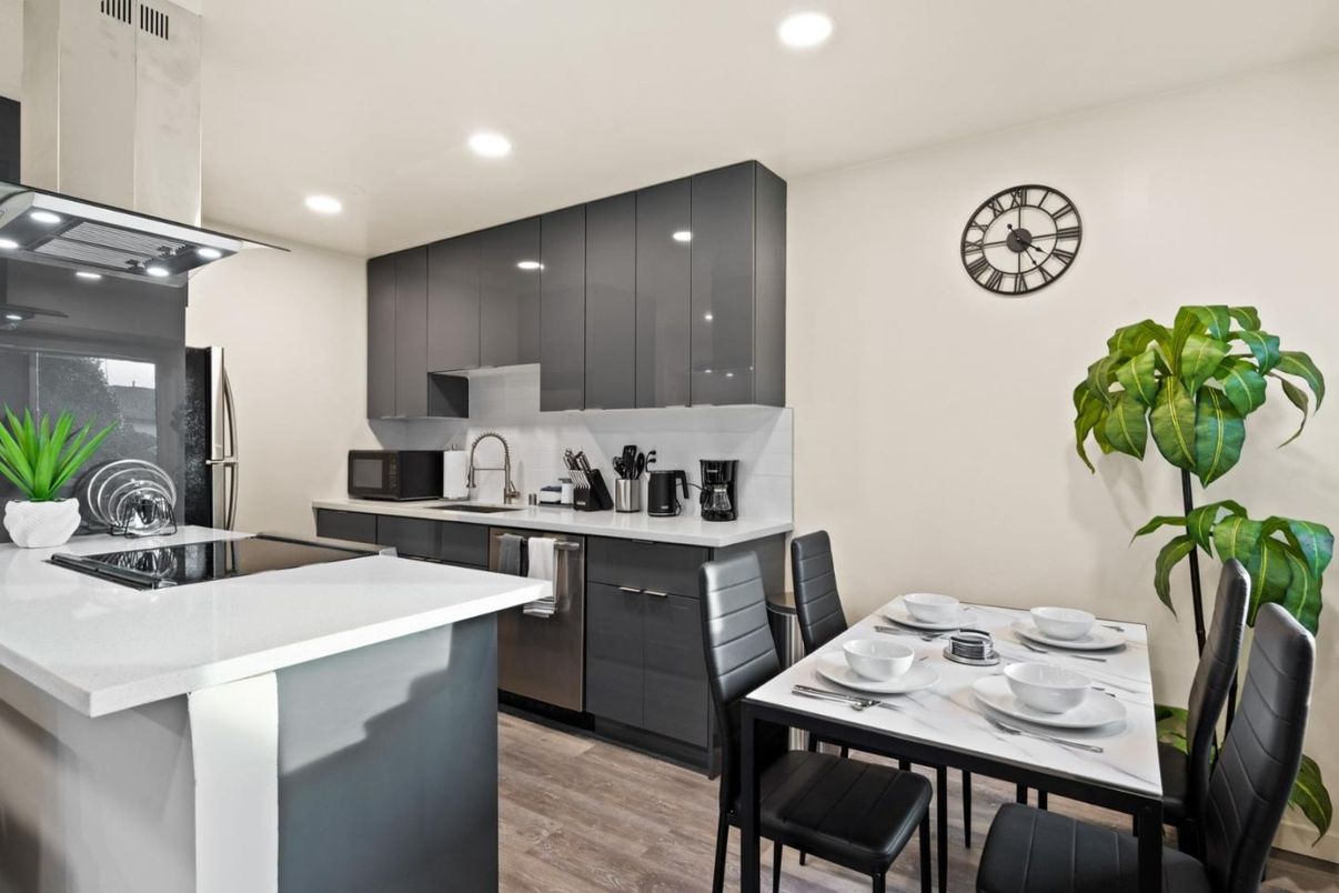 Dining room, Interior, Kitchen, Recessed Lighting, Stainless Steel Appliances, Wood Texture Flooring