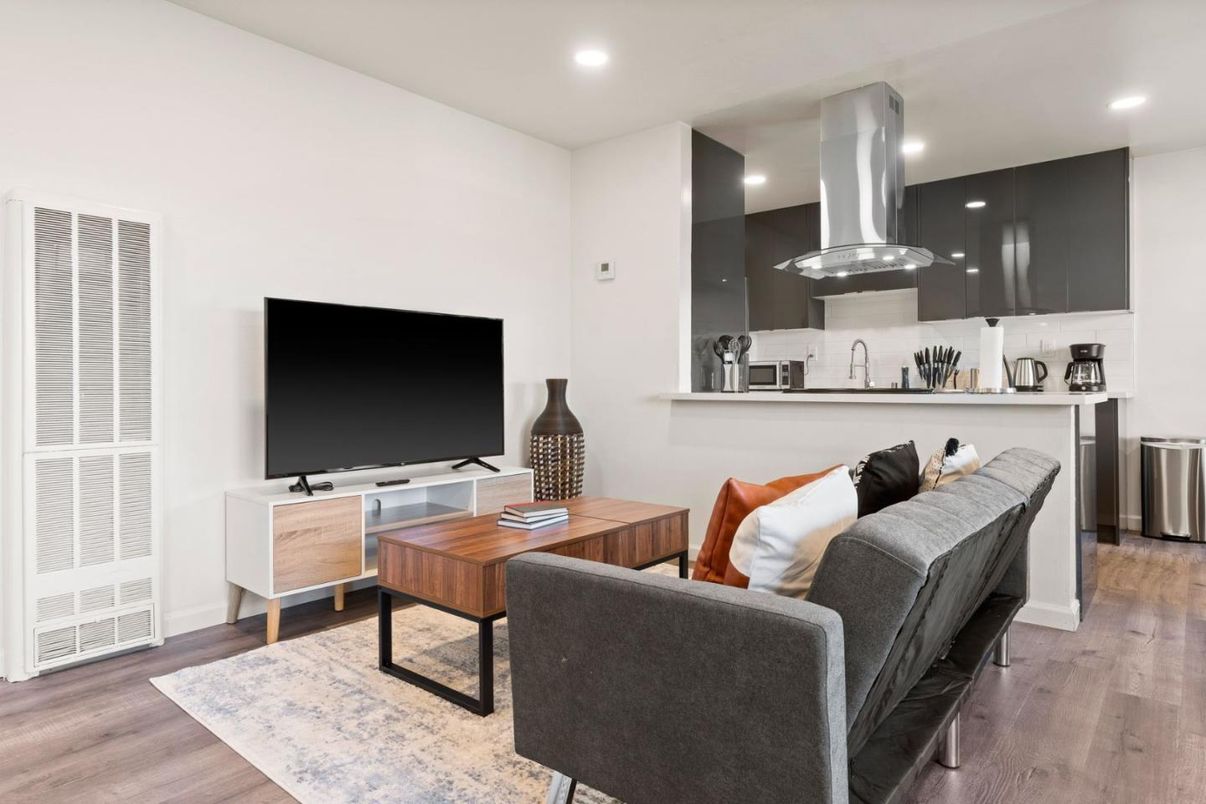 Interior, Kitchen, Living room, Recessed Lighting, Stainless Steel Appliances, Wood Texture Flooring