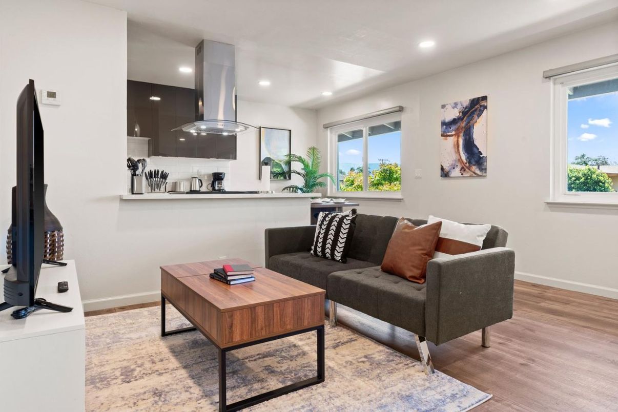 Interior, Kitchen, Living room, Recessed Lighting, Stainless Steel Appliances, Wood Texture Flooring