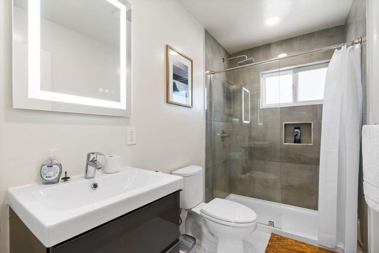 Bathroom, Glass Shower, Interior, Recessed Lighting, Wood Texture Flooring