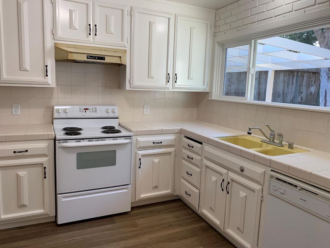 Interior, Kitchen, Tile Countertops, Wood Texture Flooring