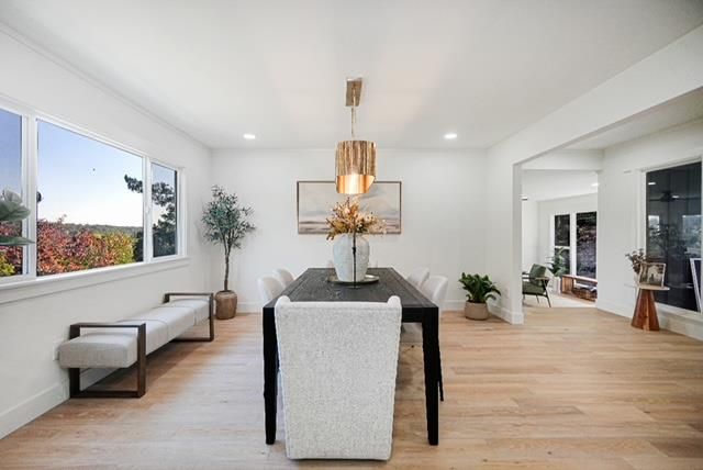 Dining room, Interior, Pendant Lights, Recessed Lighting, Wood Texture Flooring