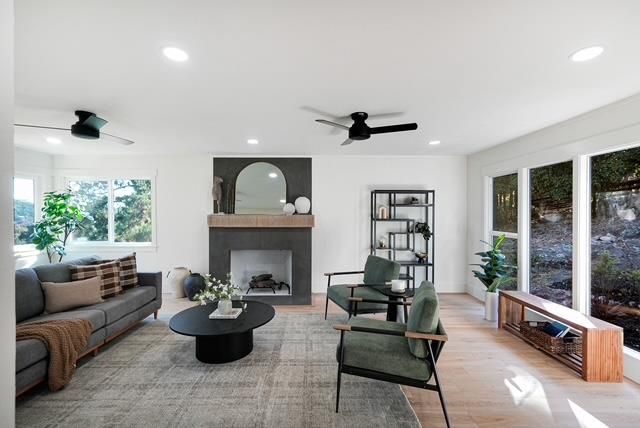 Fireplace, Interior, Living room, Recessed Lighting, Wood Texture Flooring
