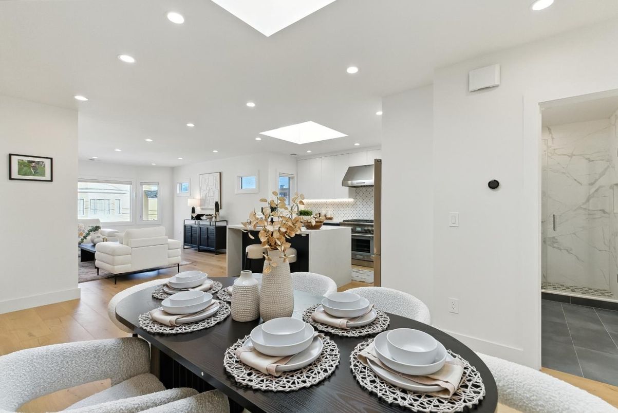 Dining room, Interior, Kitchen, Living room, Marble Walls, Recessed Lighting, Stainless Steel Appliances, Wood Texture Flooring