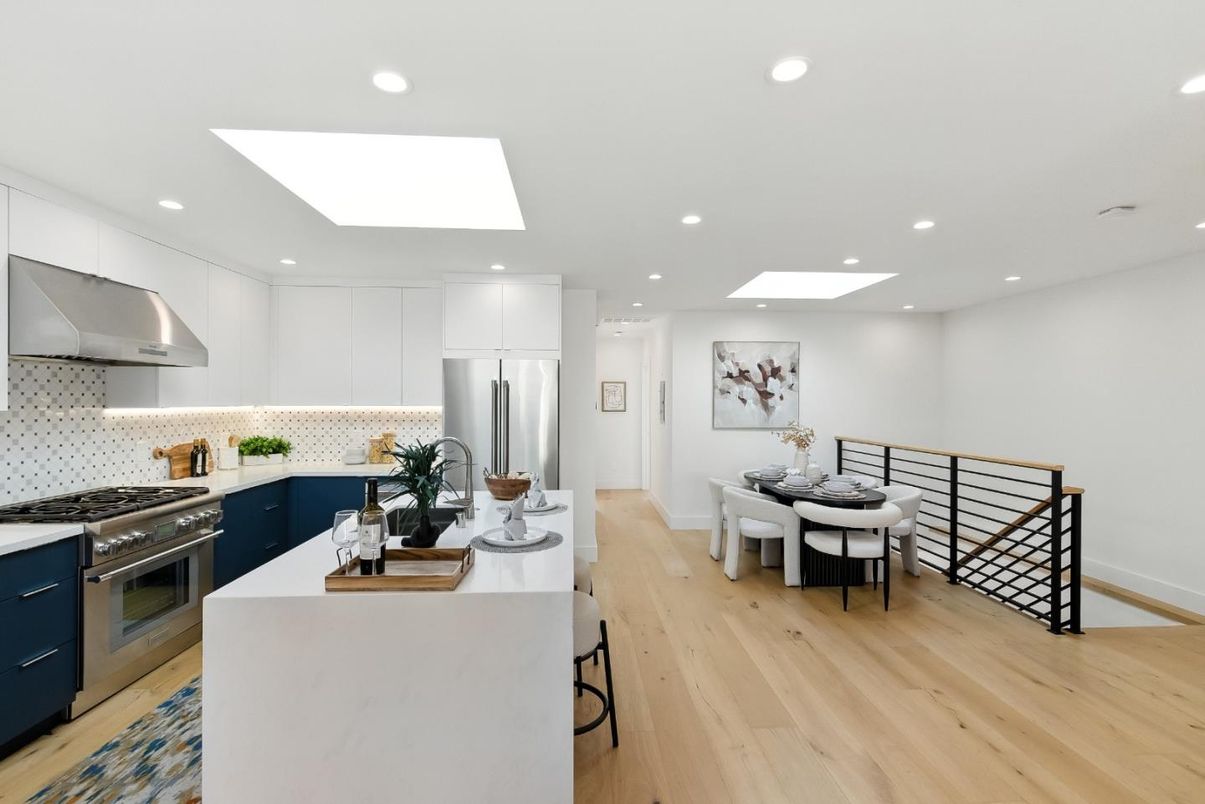 Dining room, Interior, Kitchen, Recessed Lighting, Stainless Steel Appliances, Wood Texture Flooring