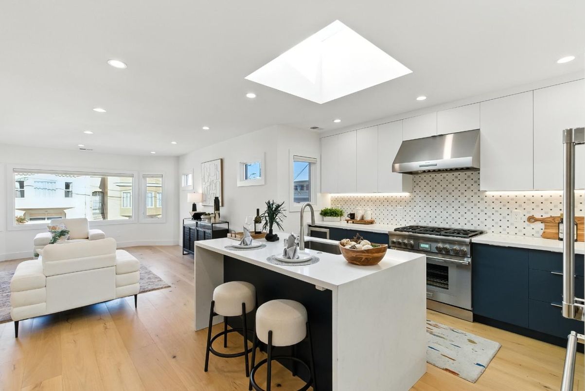 Interior, Kitchen, Living room, Recessed Lighting, Stainless Steel Appliances, Wood Texture Flooring