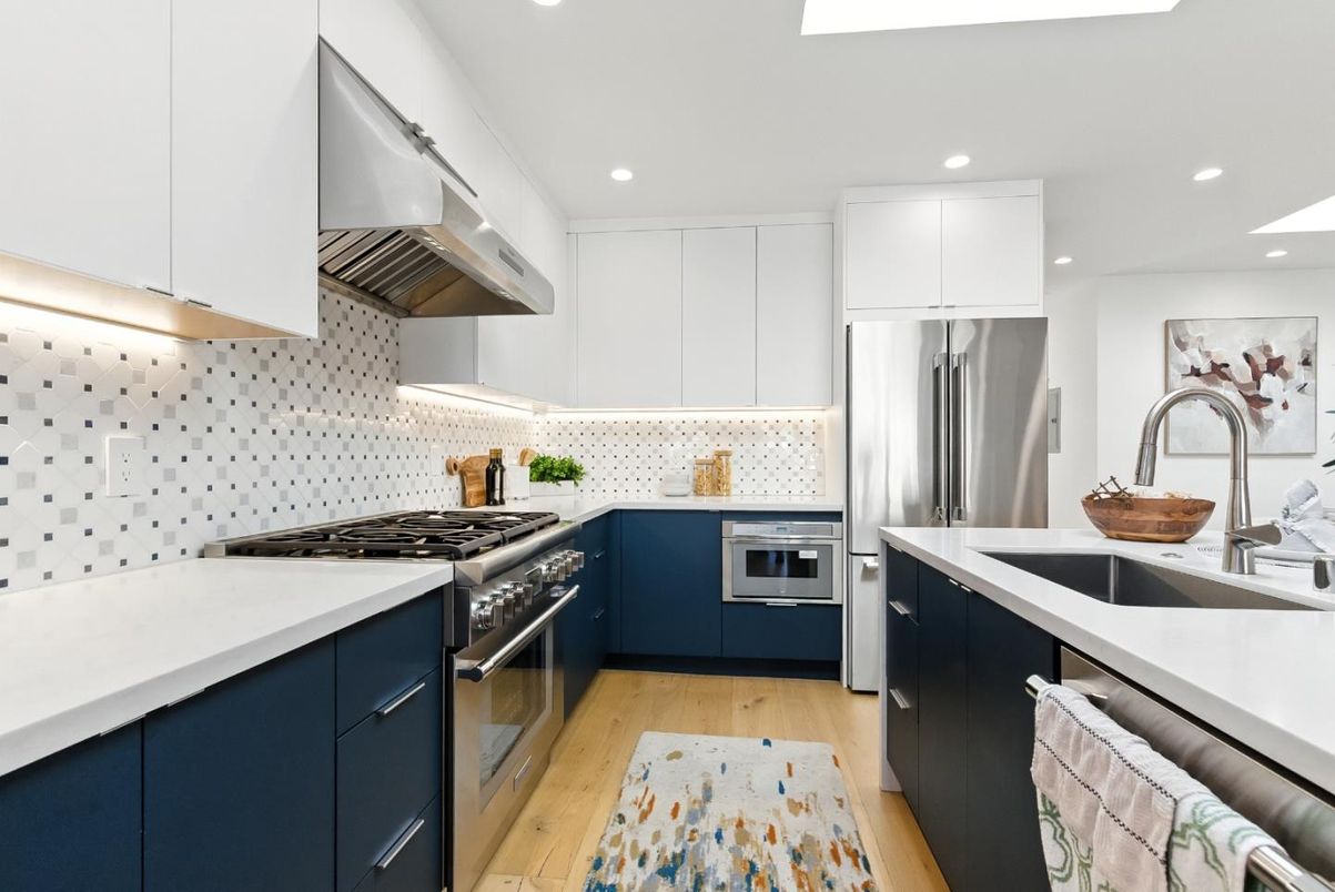 Interior, Kitchen, Recessed Lighting, Stainless Steel Appliances, Wood Texture Flooring