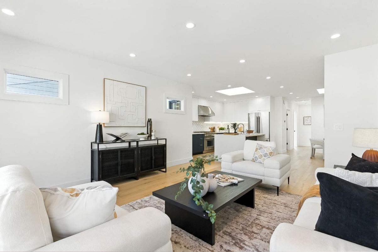 Interior, Kitchen, Living room, Recessed Lighting, Stainless Steel Appliances, Wood Texture Flooring