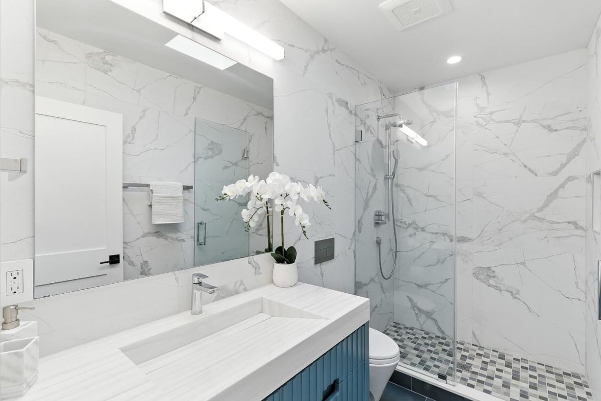 Bathroom, Glass Shower, Interior, Marble Walls, Recessed Lighting