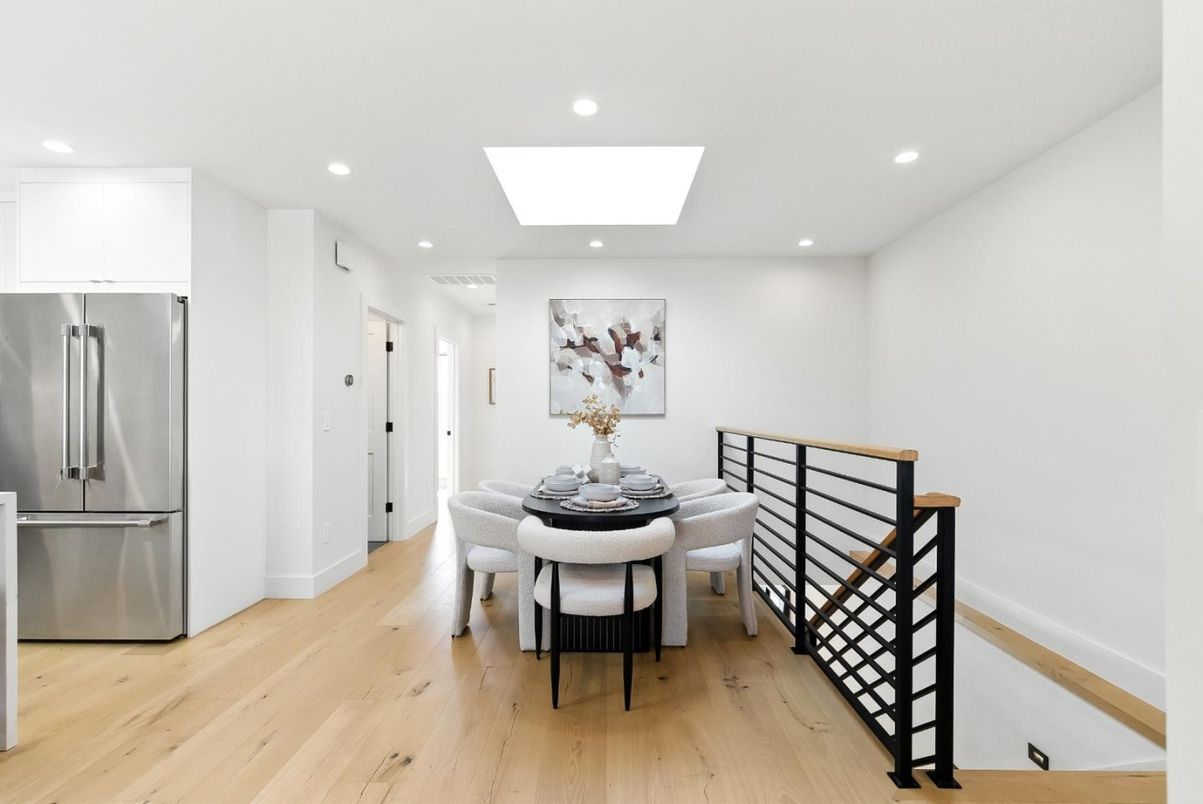 Dining room, Interior, Kitchen, Recessed Lighting, Stainless Steel Appliances, Wood Texture Flooring