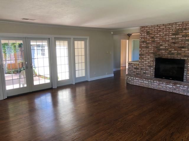 Empty room, Fireplace, Interior, Stone Walls, Wood Texture Flooring