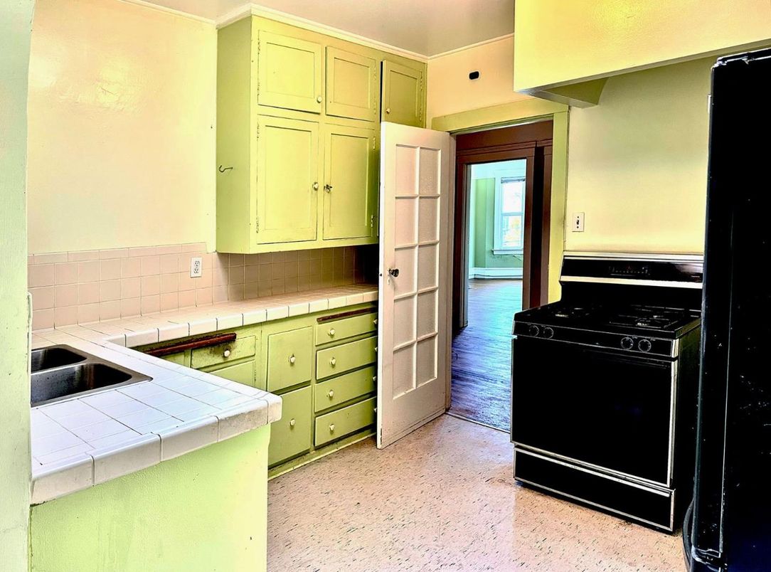 Interior, Kitchen, Tile Countertops, Wood Texture Flooring