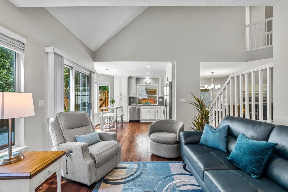 Chandelier, Interior, Kitchen, Living room, Recessed Lighting, Stainless Steel Appliances, Wood Texture Flooring