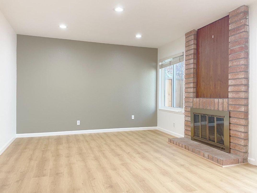 Empty room, Fireplace, Interior, Recessed Lighting, Wood Texture Flooring
