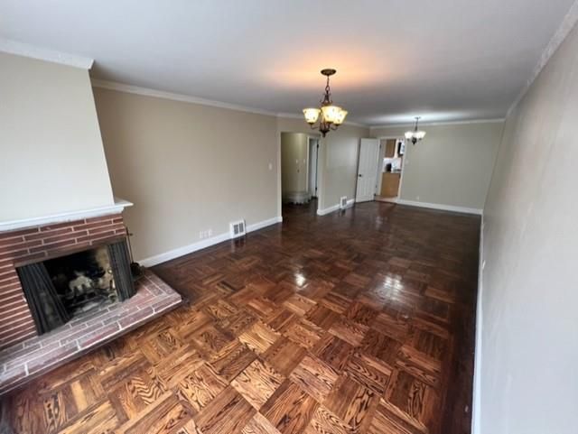 Chandelier, Empty room, Fireplace, Interior, Wood Texture Flooring