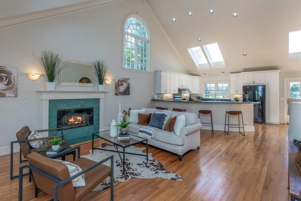 Fireplace, Interior, Kitchen, Living room, Recessed Lighting, Wood Texture Flooring