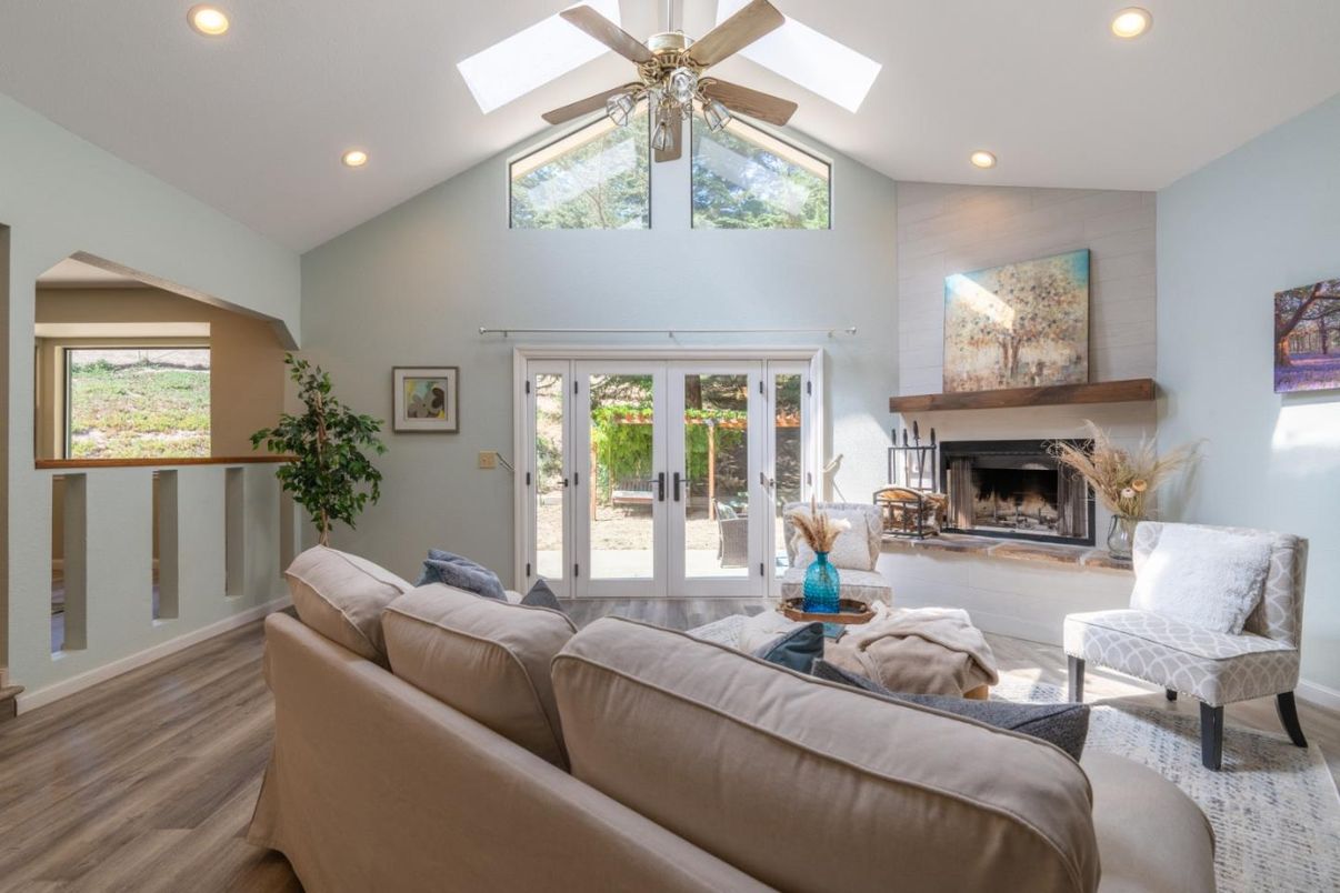 Fireplace, Interior, Living room, Recessed Lighting, Wood Texture Flooring
