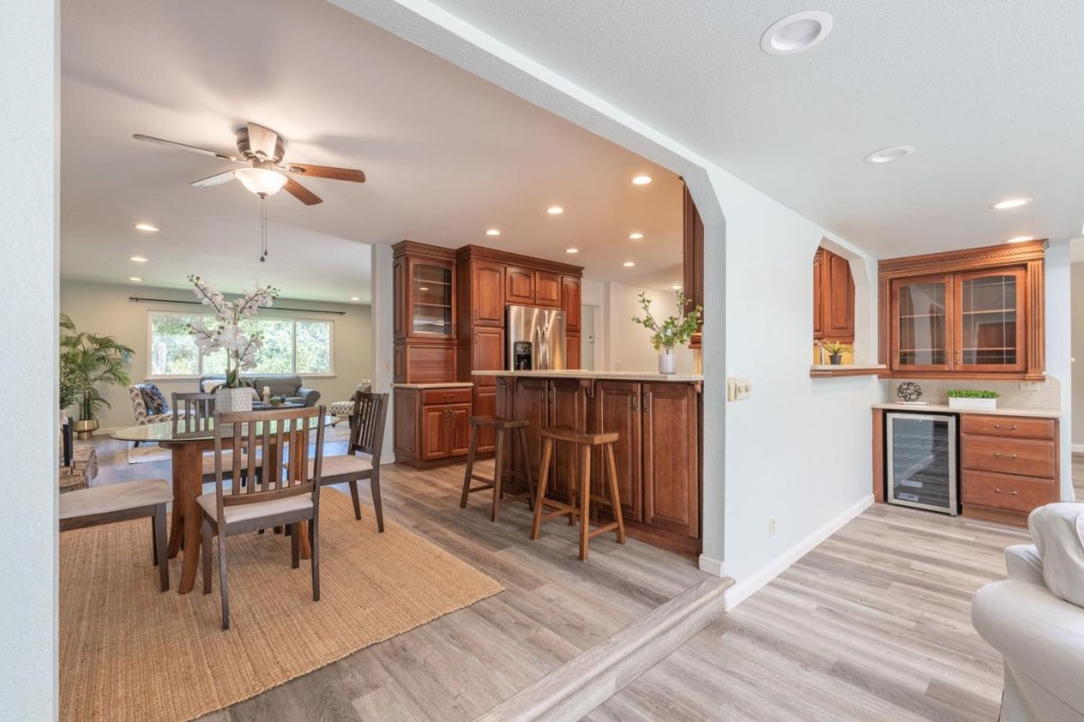 Dining room, Interior, Kitchen, Recessed Lighting, Stainless Steel Appliances, Wood Texture Flooring