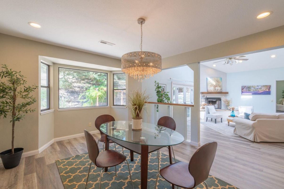 Chandelier, Dining room, Fireplace, Interior, Living room, Recessed Lighting, Wood Texture Flooring