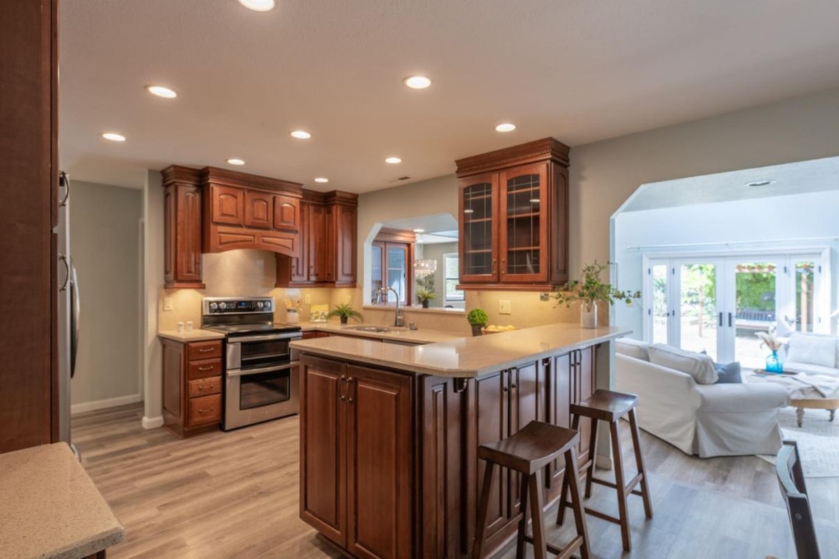 Interior, Kitchen, Living room, Recessed Lighting, Stainless Steel Appliances, Wood Texture Flooring