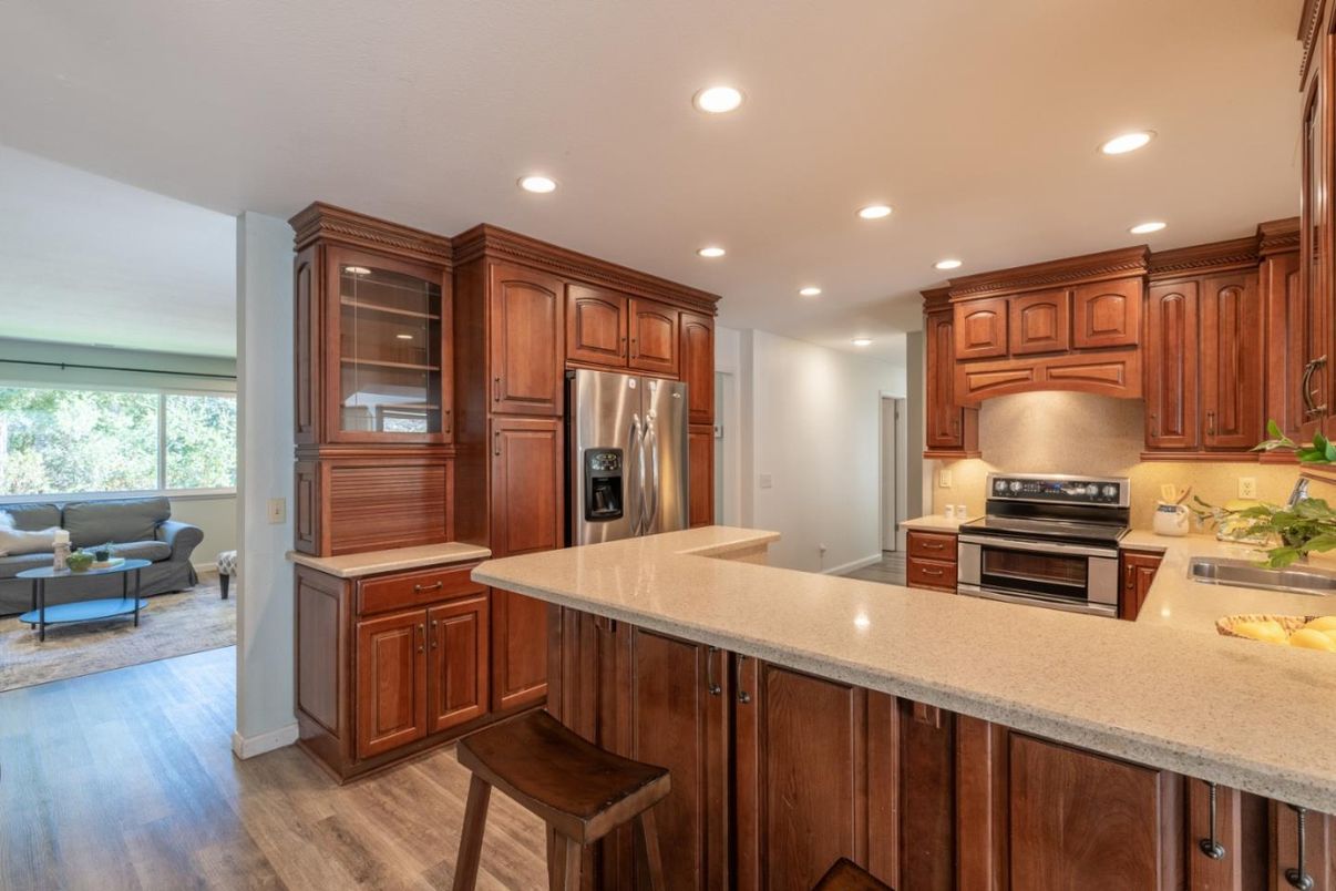 Interior, Kitchen, Living room, Recessed Lighting, Stainless Steel Appliances, Wood Texture Flooring
