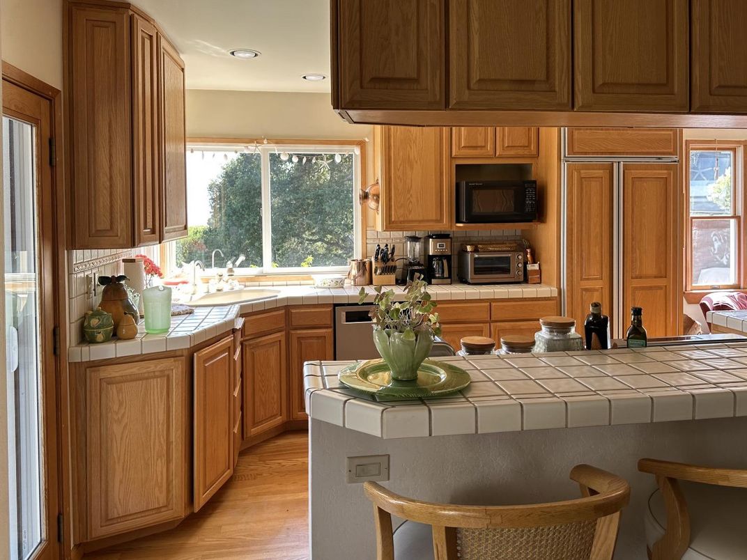 Interior, Kitchen, Recessed Lighting, Tile Countertops, Wood Texture Flooring