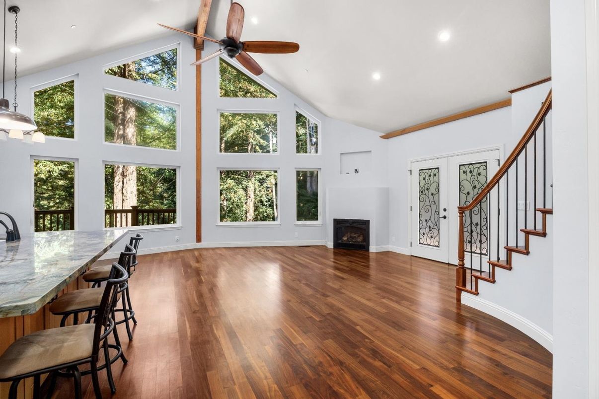 Empty room, Fireplace, Interior, Pendant Lights, Recessed Lighting, Wood Texture Flooring