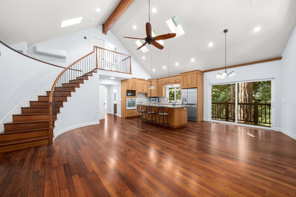 Interior, Kitchen, Pendant Lights, Recessed Lighting, Wooden Beams, Wood Texture Flooring