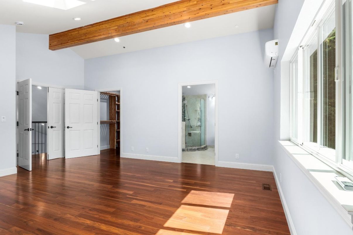 Bathroom, Empty room, Interior, Recessed Lighting, Wooden Beams, Wood Texture Flooring