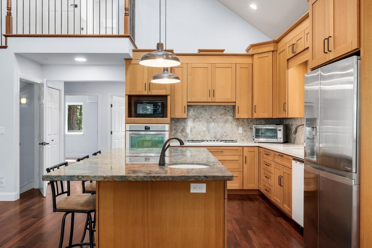 Interior, Kitchen, Pendant Lights, Recessed Lighting, Stainless Steel Appliances, Wood Texture Flooring