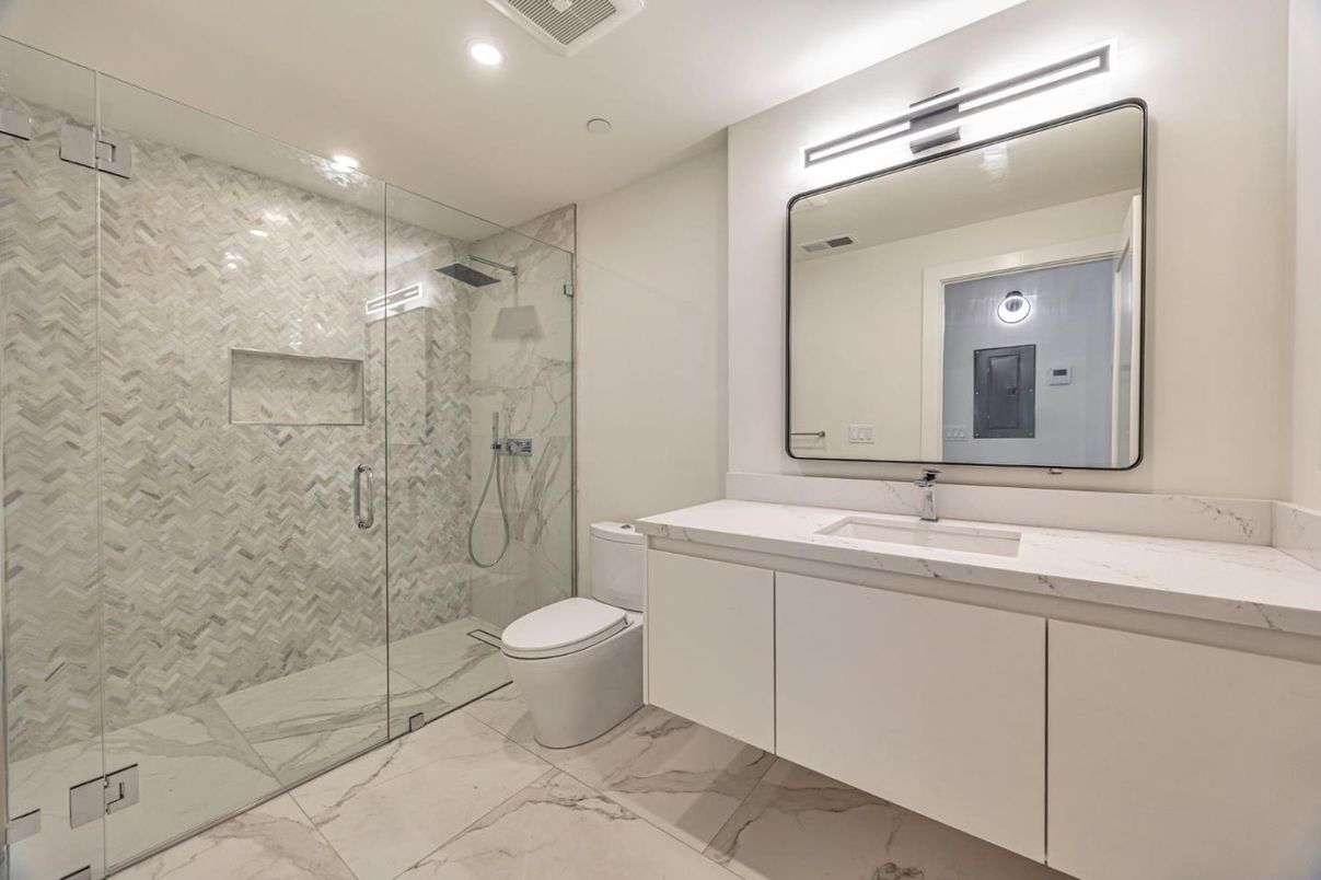 Bathroom, Glass Shower, Interior, Marble, Marble Walls, Recessed Lighting