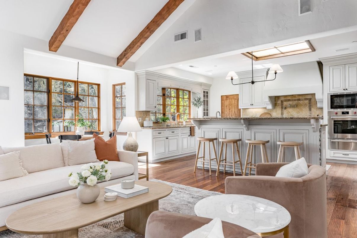 Interior, Kitchen, Living room, Pendant Lights, Recessed Lighting, Stainless Steel Appliances, Wooden Beams, Wood Texture Flooring