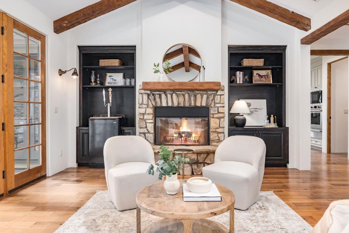 Fireplace, Interior, Living room, Wooden Beams, Wood Texture Flooring