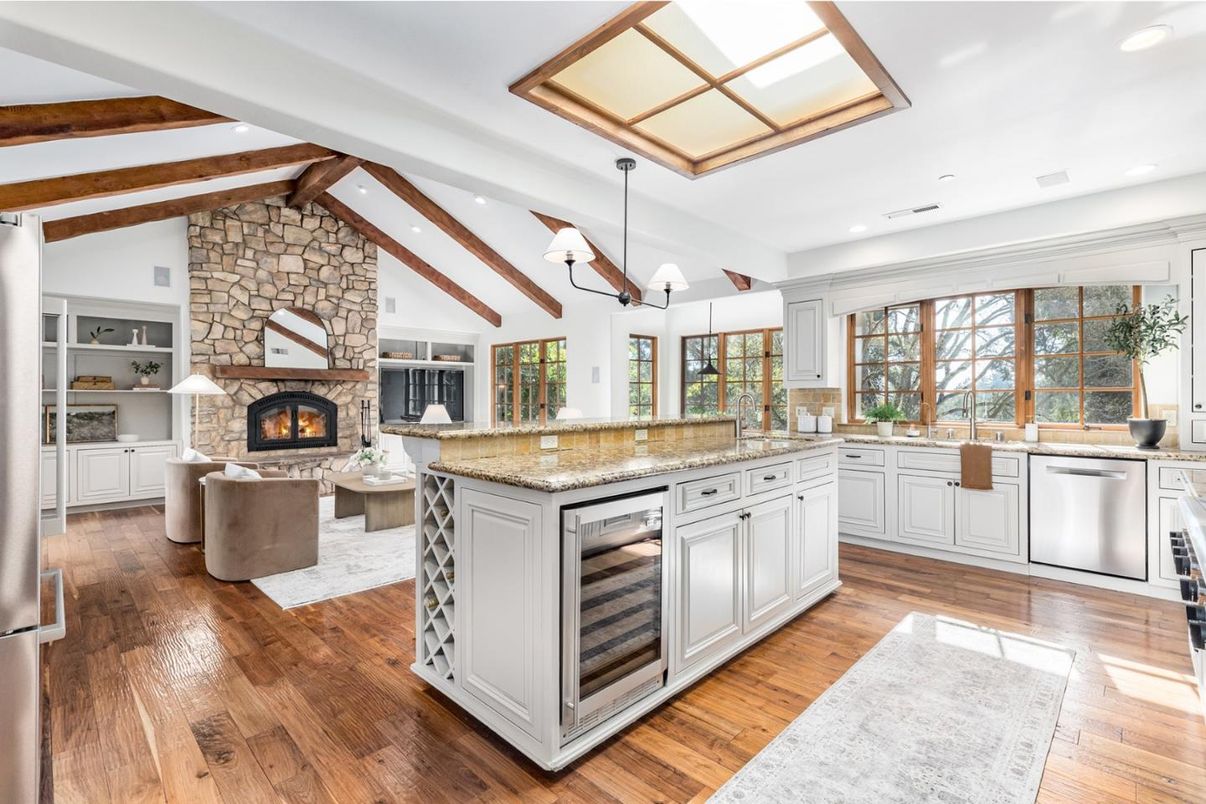 Fireplace, Interior, Kitchen, Living room, Pendant Lights, Recessed Lighting, Stone Walls, Wooden Beams, Wood Texture Flooring
