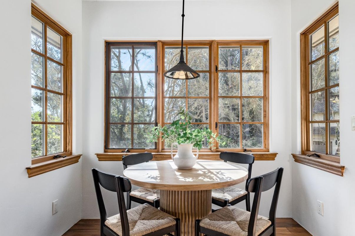 Dining room, Interior, Pendant Lights, Wood Texture Flooring