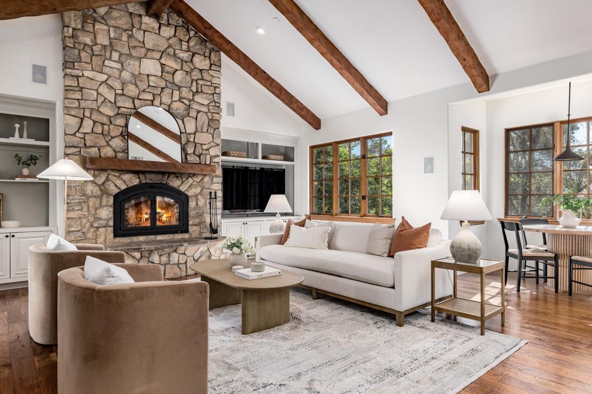 Dining room, Fireplace, Interior, Living room, Recessed Lighting, Stone Walls, Wooden Beams, Wood Texture Flooring
