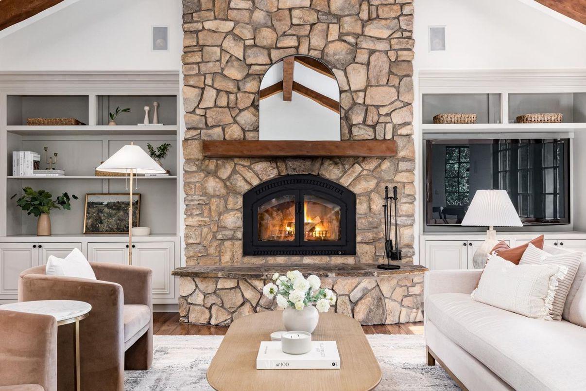 Fireplace, Interior, Stone Walls, Wood Texture Flooring